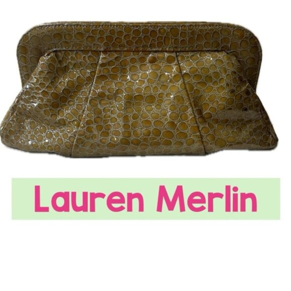 LAUREN MERKIN GREEN CROC CLUTCH BAG REPTILE STYLE - Picture 1 of 16